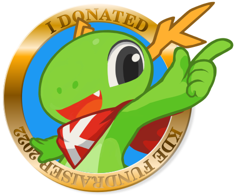 Badge with Konqi mascot from KDE with description saying „I DONATED KDE FUNDRASER 2022”