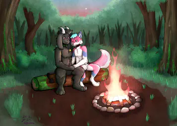 Art of Frisk and keeri chilling next to a campfire in the forest commissioned by **[keeri](https://keeri.place)**